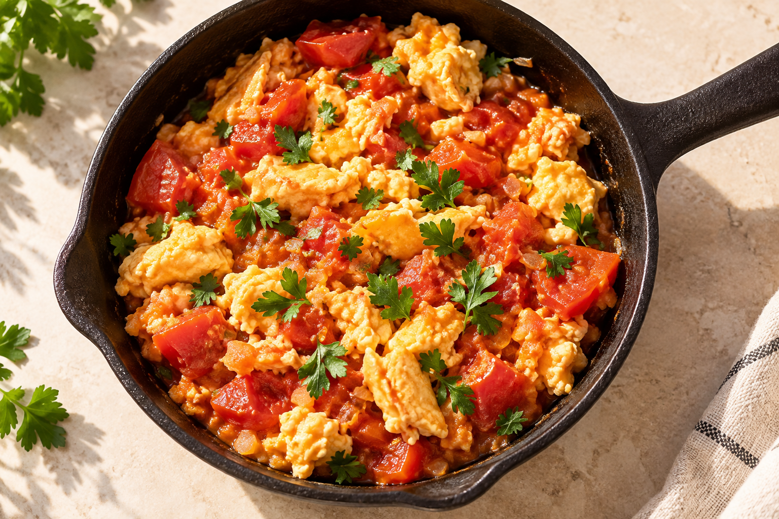 Huevos revueltos con tomate y hierbas en una sartén